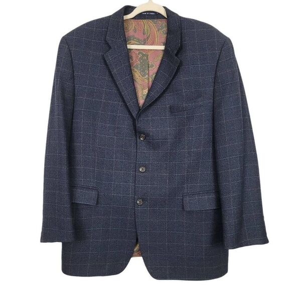 Ralph Lauren Blue Windowpane Wool Blazer Jacket Sz 46 R Paisley Satin‎ Interior - Picture 1 of 12